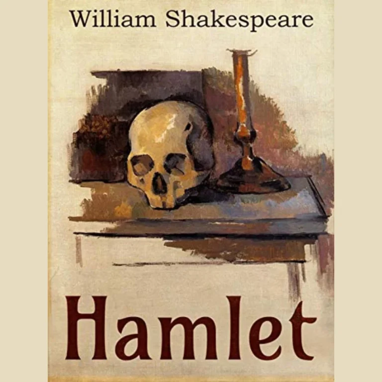 Brown book cover of Hamlet by William Shakespeare.