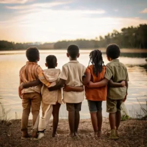 Young black children holding each other as they face the lake.