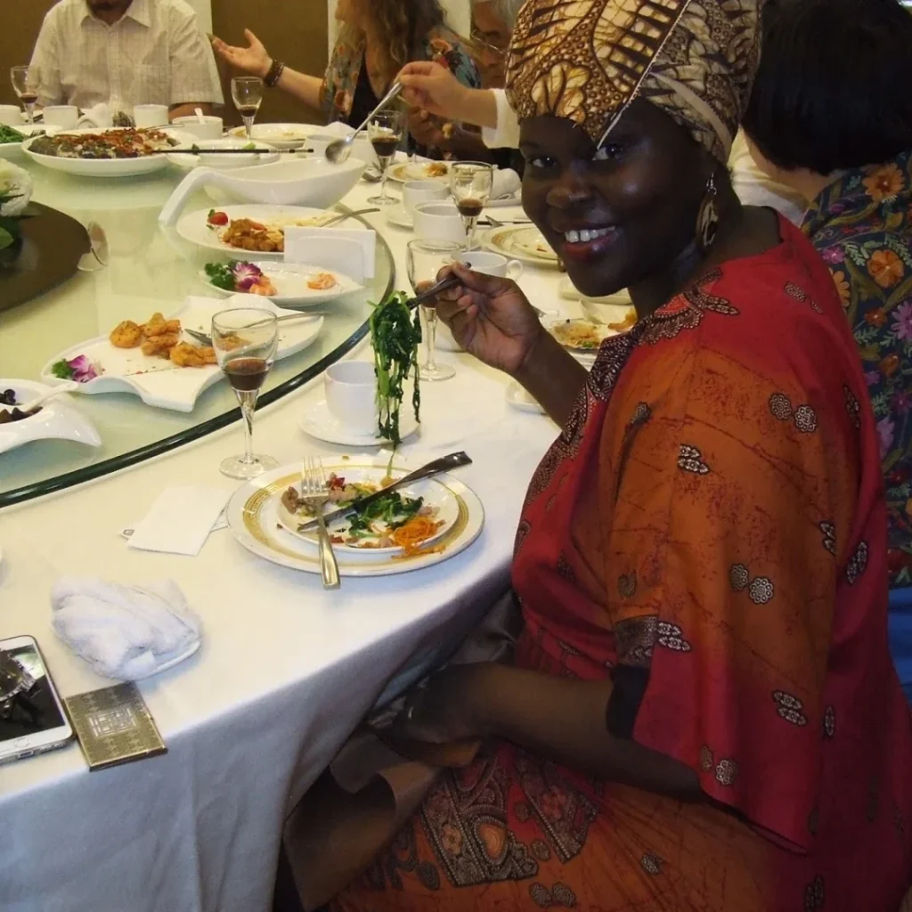 Beverley eating a meal.