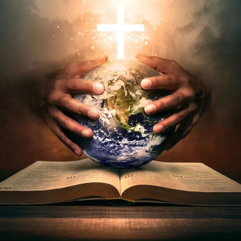 Black man holding the earth with a cross on top and bible on the bottom.