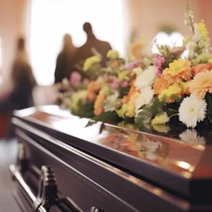 Coffin with flowers on top.