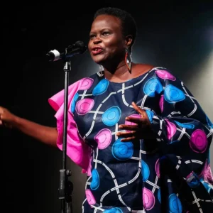 Beverley preforming poetry.